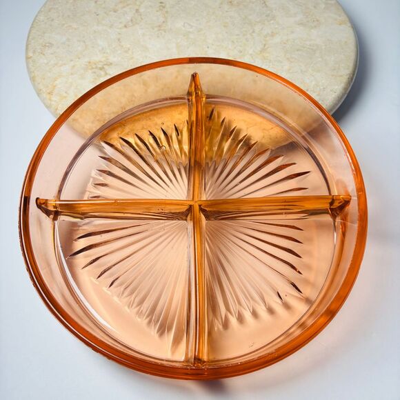 Vintage Pink Depression Glass Divided 4 Section Round Serving Candy Dish‎ 8" - Picture 1 of 9